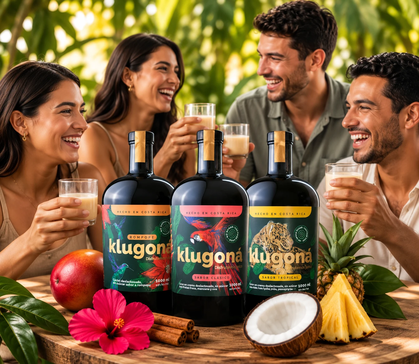 Brindis tropical con las tres botellas de licor en crema Klugoná rodeadas de fruta natural