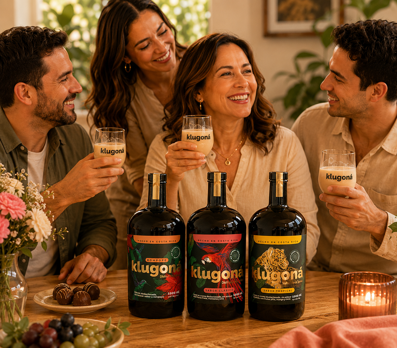 Personas compartiendo Klugoná en una mesa tropical