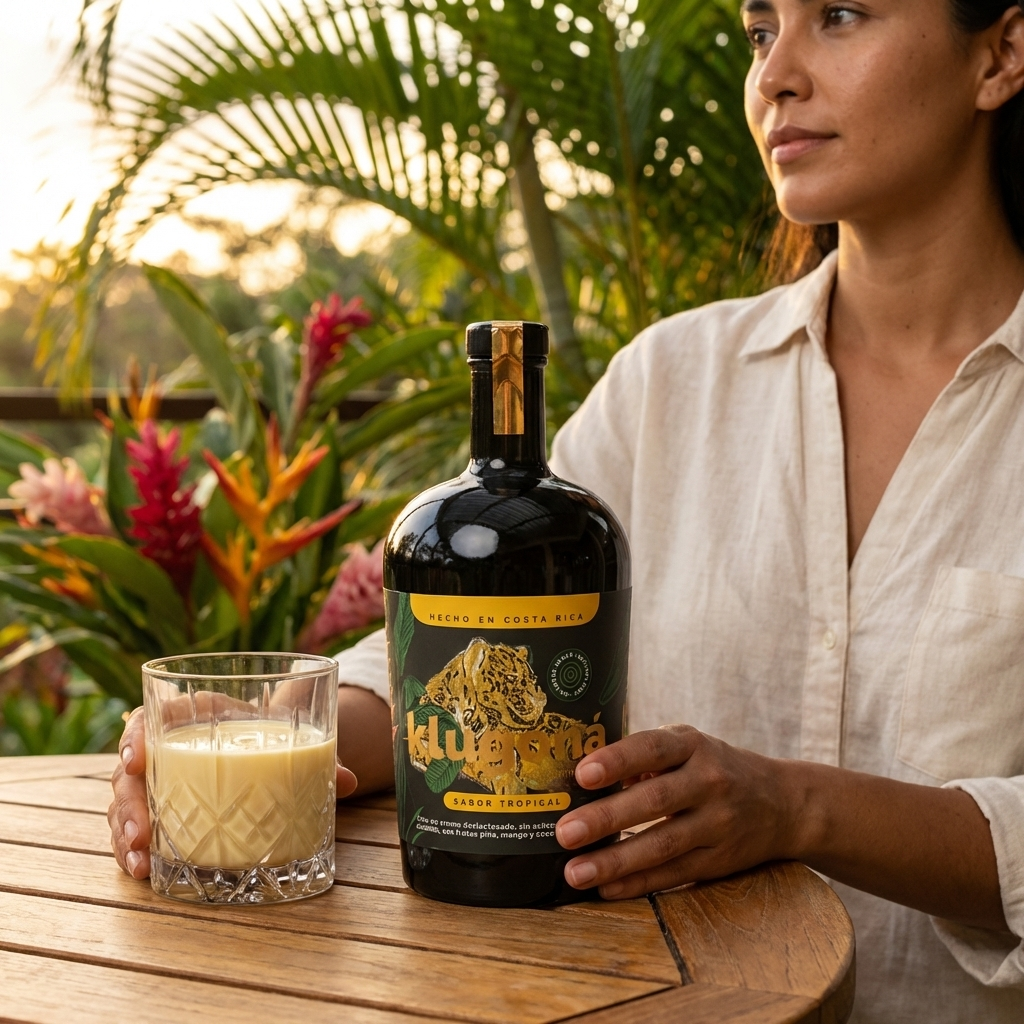 Botella de Klugoná Tropical en una mesa rodeada de vegetación